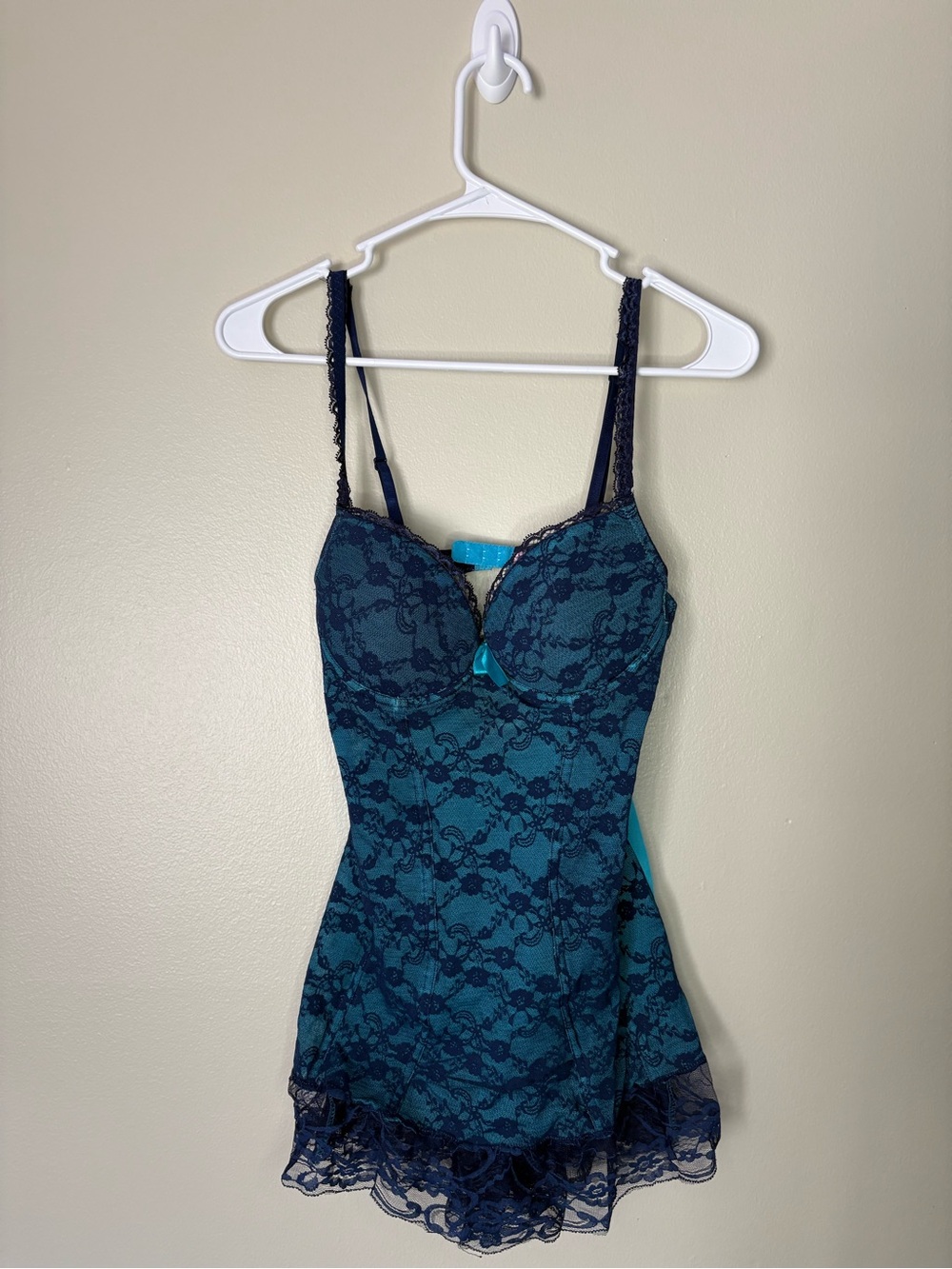 Teal Lace Chemise Nightdress with Navy Trim